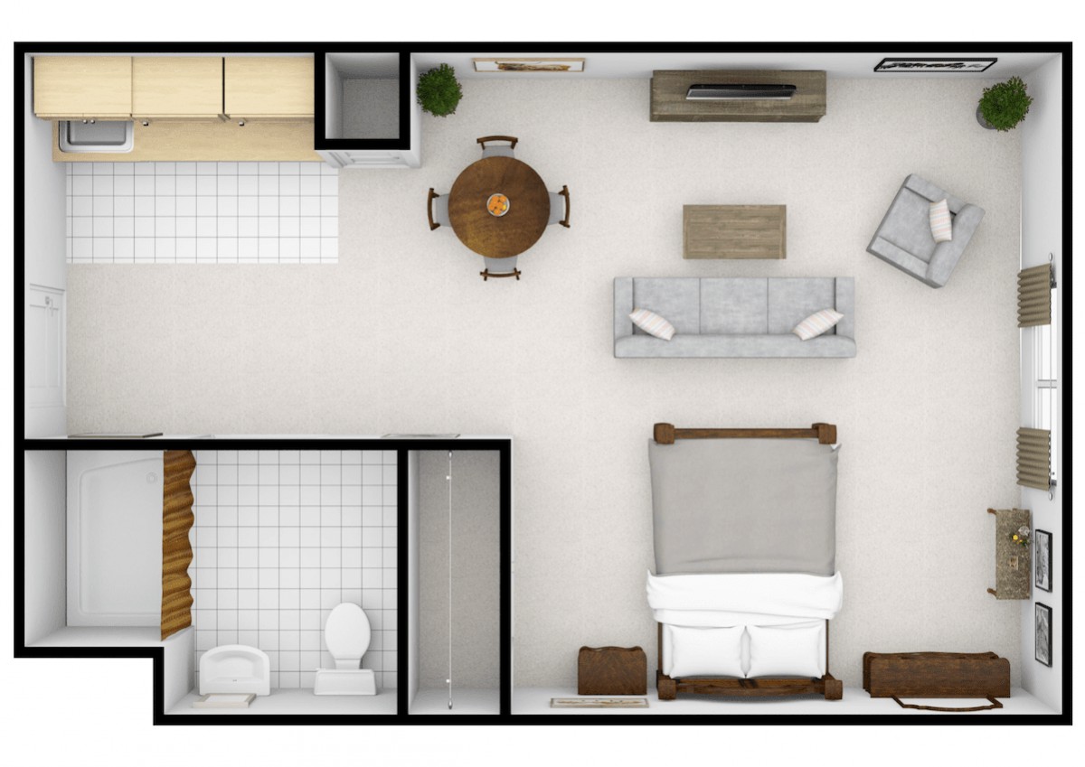 A top-down view of a compact apartment floor plan featuring a living room, bedroom, and bathroom.
