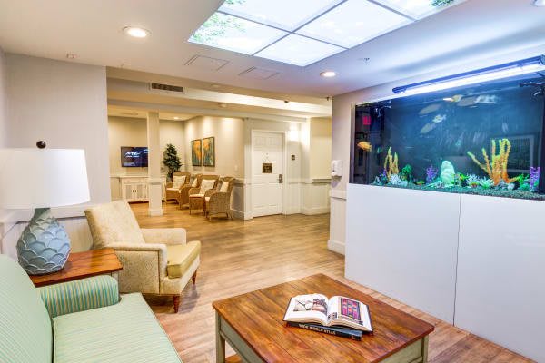 A cozy waiting room featuring comfortable seating, an aquarium, and reading materials.