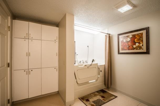A modern bathroom featuring a walk-in bathtub, storage cabinets, and artwork on the wall.