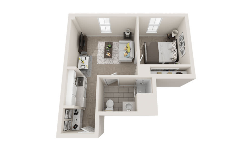 One-bedroom apartment floor plan with a kitchen, living room, bathroom, and bedroom.
