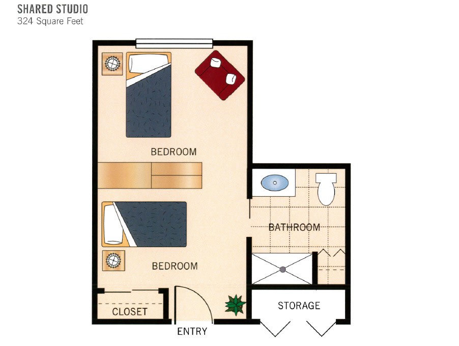A floor plan of an apartment featuring a bedroom, bathroom, closet, and furniture arrangement.