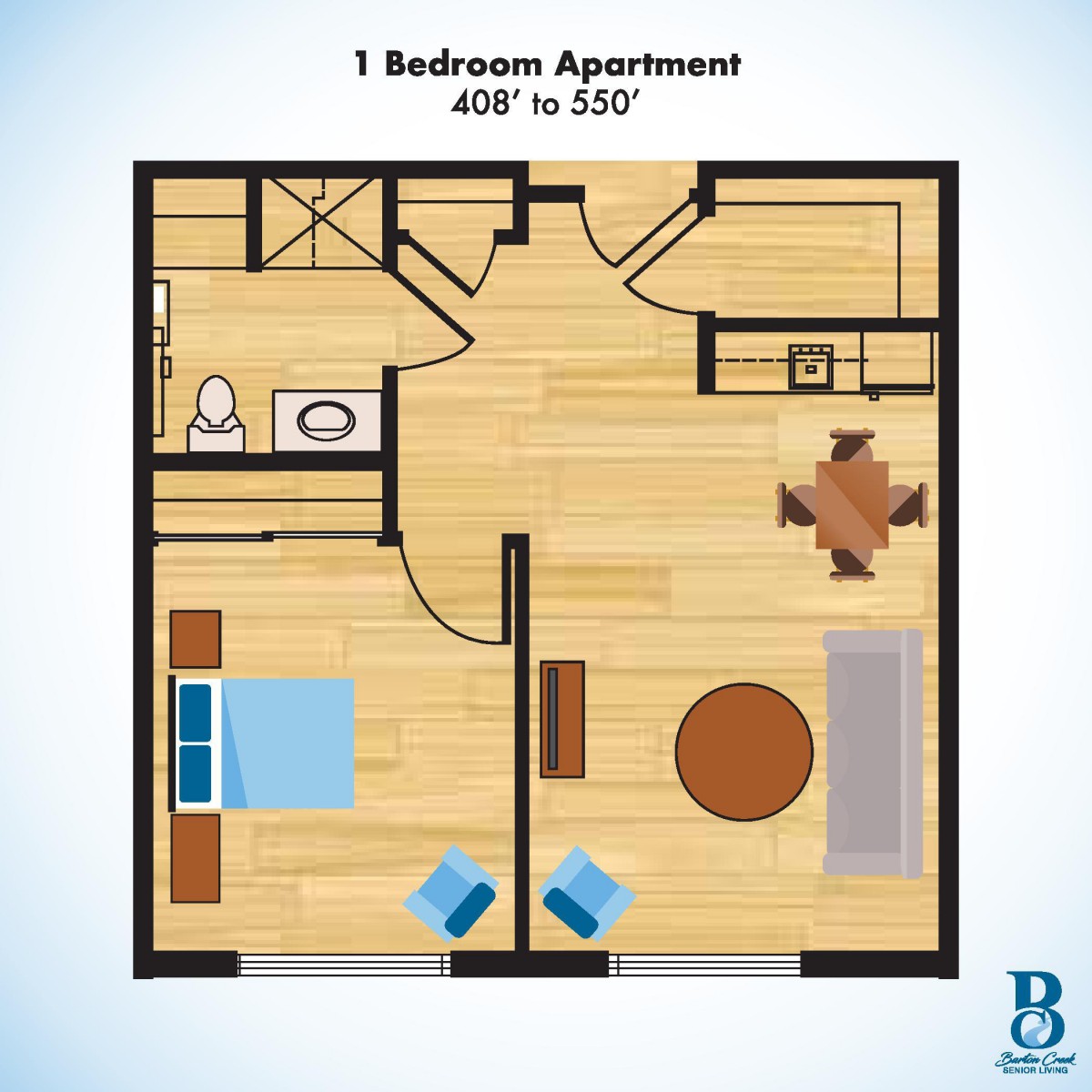 A floor plan of a one-bedroom apartment featuring a bedroom, bathroom, kitchen, and living area.