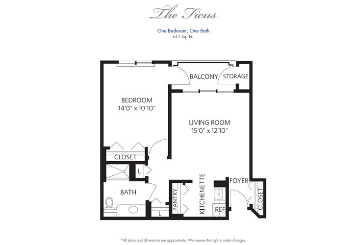 A floor plan of a one-bedroom apartment featuring a dining room, kitchen, bath, and balcony.