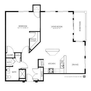 A one-bedroom apartment floor plan showcasing the layout of rooms including a bedroom, living room, kitchen, and bathroom.