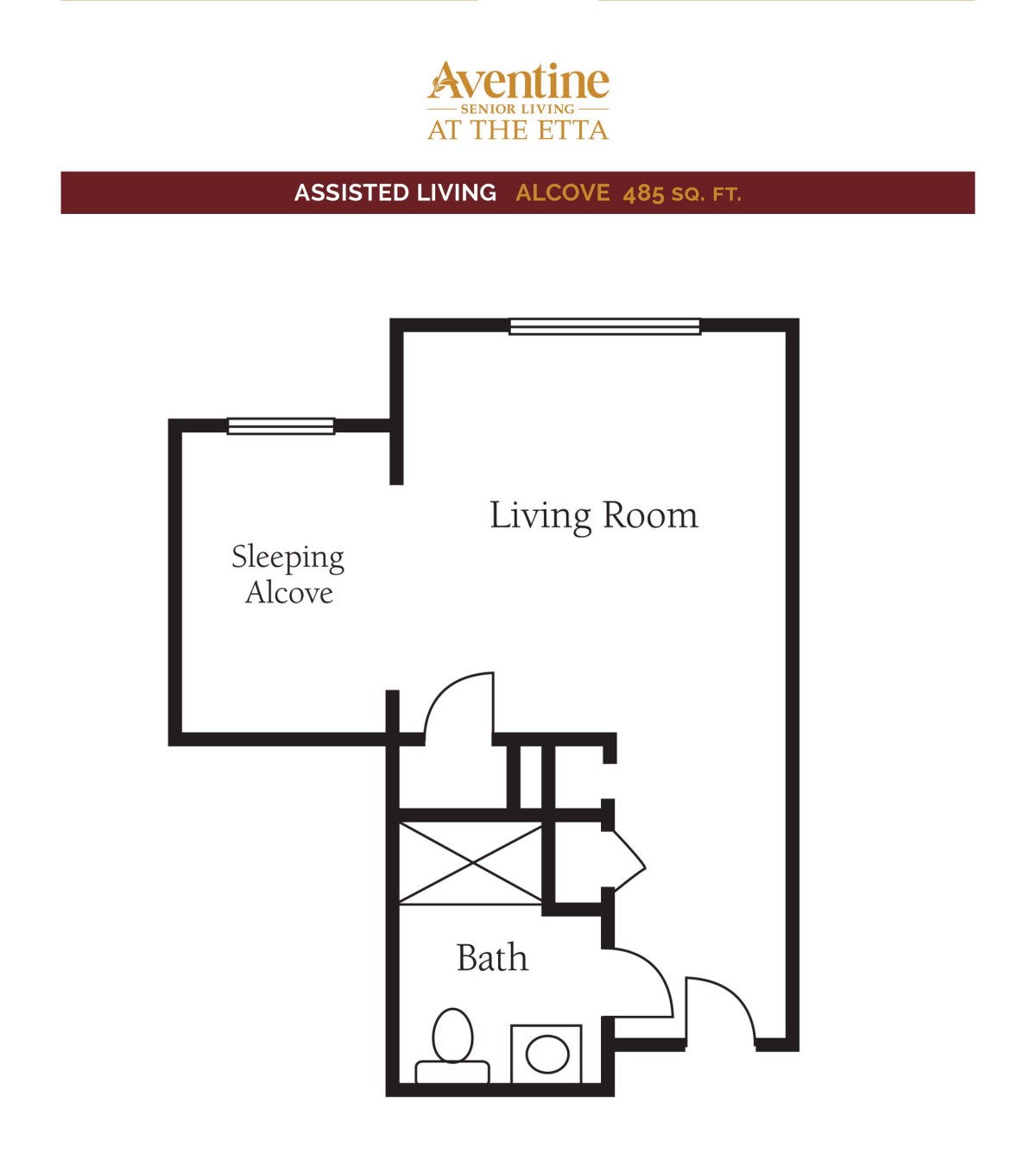 Studio apartment floor plan with a sleeping alcove, living room, and bathroom.