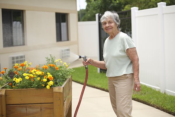 An elderly woman watering flowers in a garden.