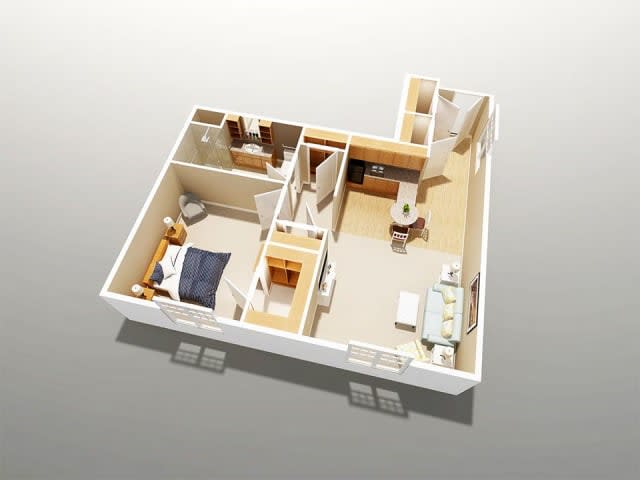 A 3D floor plan model of a one-bedroom apartment featuring a living room, kitchen, bathroom, and bedroom.
