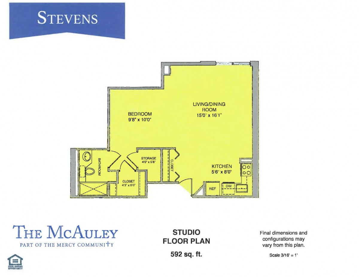 A floor plan of a studio apartment showing the layout and dimensions of the space.