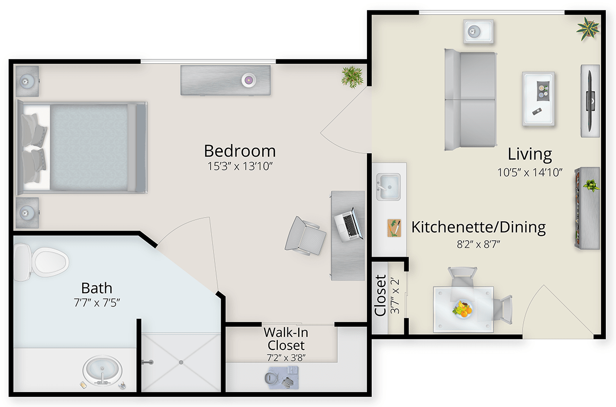A floor plan of an apartment showing a bedroom, kitchenette, bathroom, and walk-in closet.