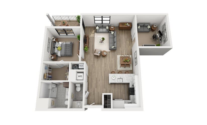 A 3D-rendered floor plan of a one-bedroom apartment featuring a living room, kitchen, bathroom, and dining area.