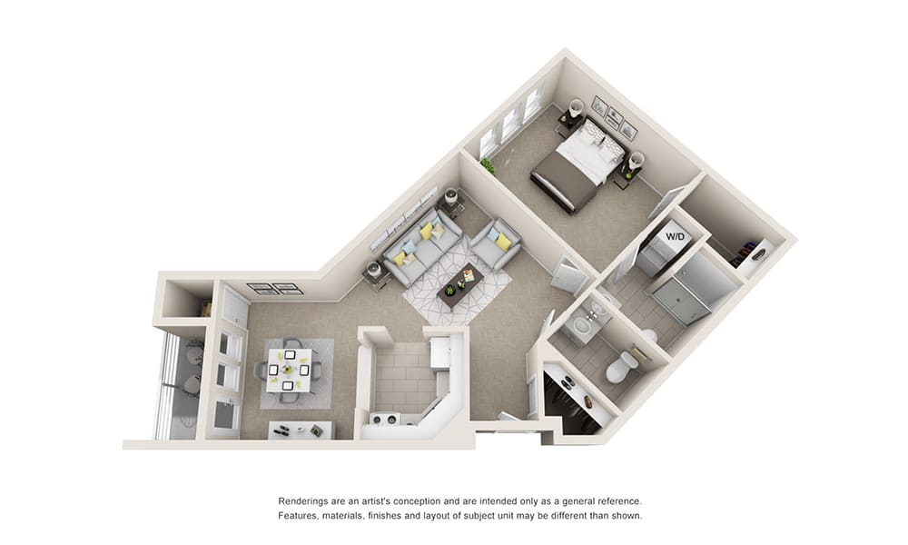 A 3D rendering of an apartment floor plan, showing a bedroom, kitchen, and living area.