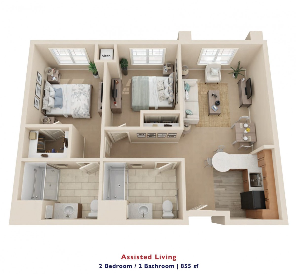 A 3D floor plan of a two-bedroom, two-bathroom apartment with labeled areas.