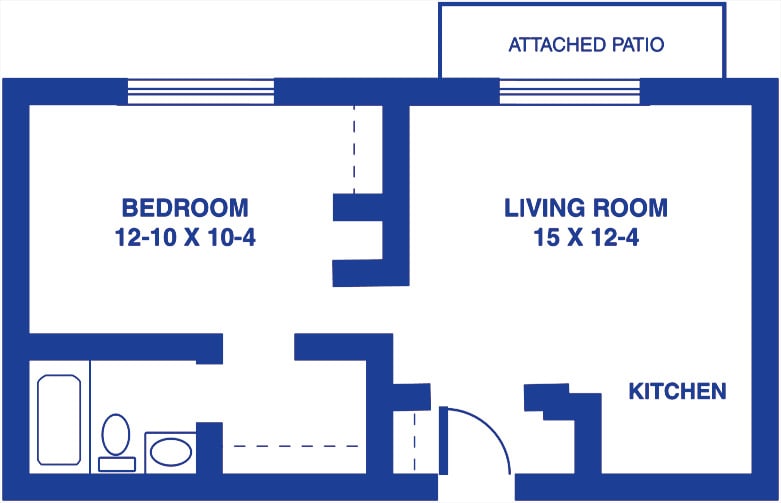 A floor plan showing a one-bedroom apartment layout with a living room, kitchen, and attached patio.
