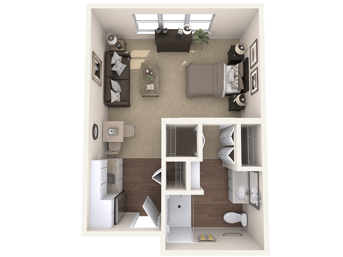 A 3D rendering of a compact one-bedroom apartment floor plan, featuring a living area, kitchen, bedroom, and bathroom.