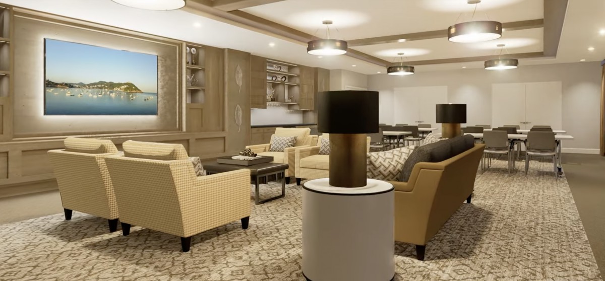 A modern living room with comfortable seating and stylish decor.