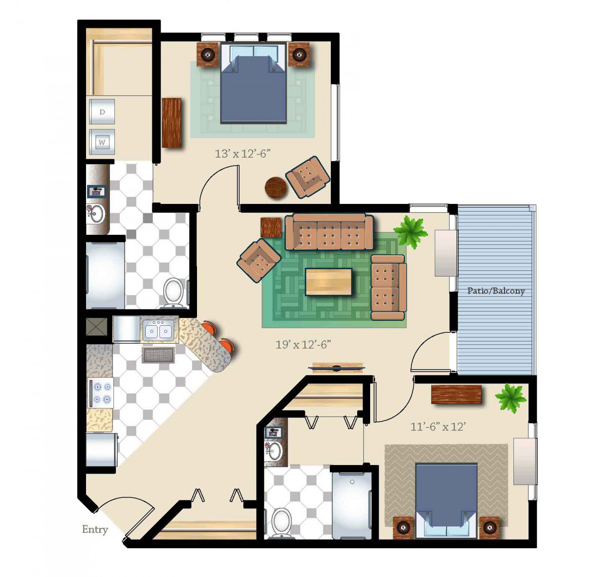 A floor plan of a two-bedroom apartment featuring a living room, kitchen, and bathroom.