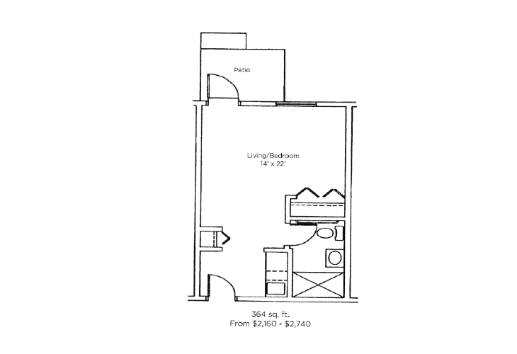 Floor plan of a small studio apartment with designated areas for living, sleeping, and a bathroom.