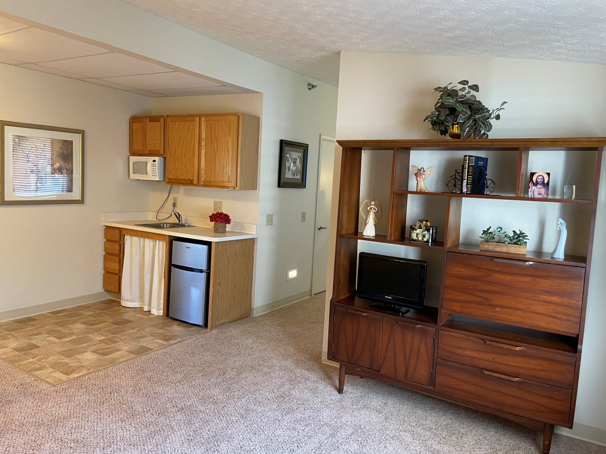 A cozy living room with a kitchenette, featuring a small TV on a wooden cabinet and a compact kitchen space with a mini fridge and microwave.