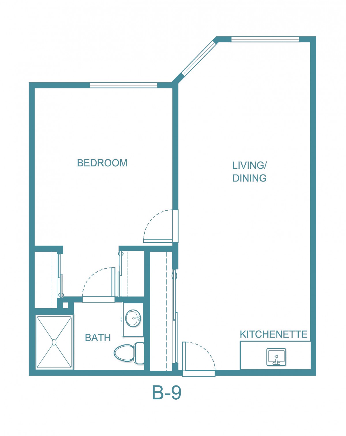 A simple floor plan of a one-bedroom apartment with a kitchenette, living area, and bathroom.