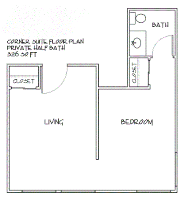 Simple floor plan of a corner suite featuring a living area, bedroom, closet, and bath.