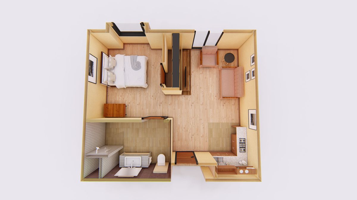 A 3D floor plan of a compact apartment featuring a bedroom, bathroom, and kitchen area.