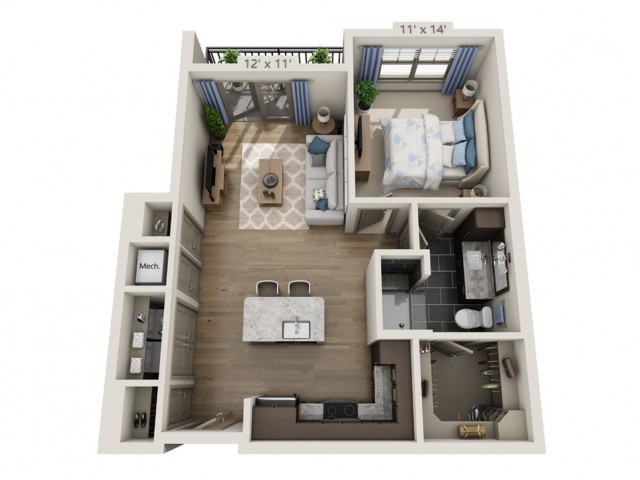 One-bedroom apartment floor plan featuring an open kitchen and living area, a bathroom, and a balcony.