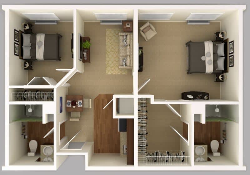 A detailed floor plan of a two-bedroom apartment featuring a living room, kitchen, and bathroom.