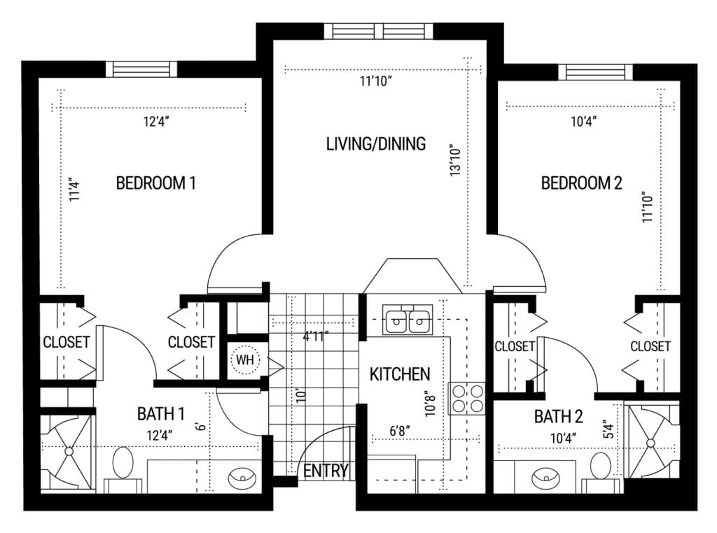 A floor plan of a two-bedroom apartment with a living/dining area, kitchen, and two bathrooms.