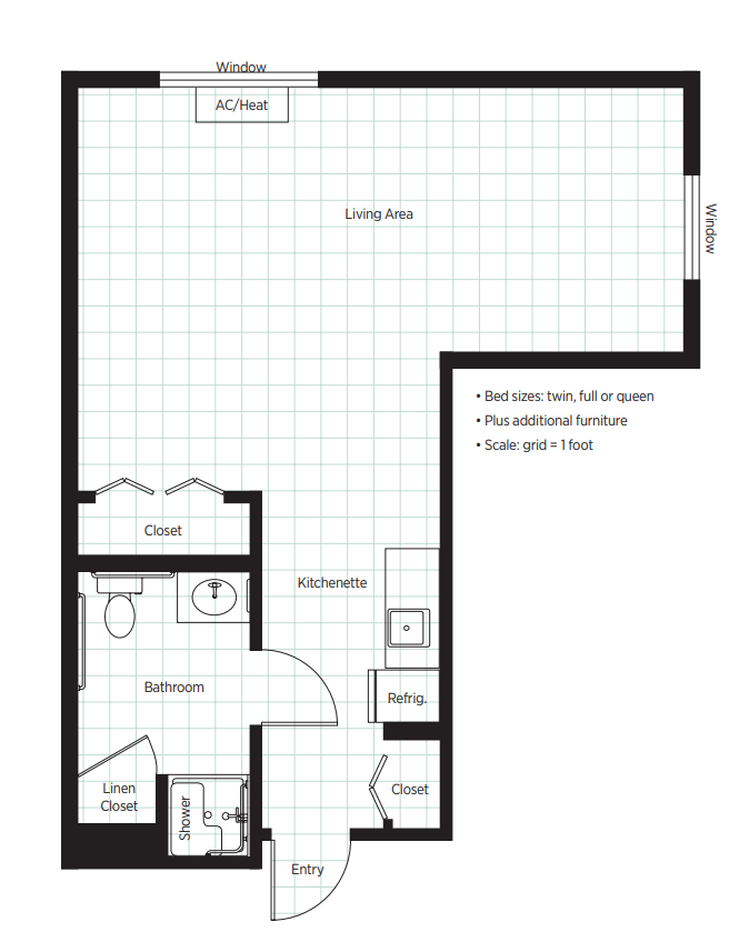 Floor plan of a one-bedroom apartment featuring a kitchen, living area, and bathroom.