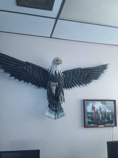 A decorative wall piece of a soaring eagle, accompanied by a framed picture.