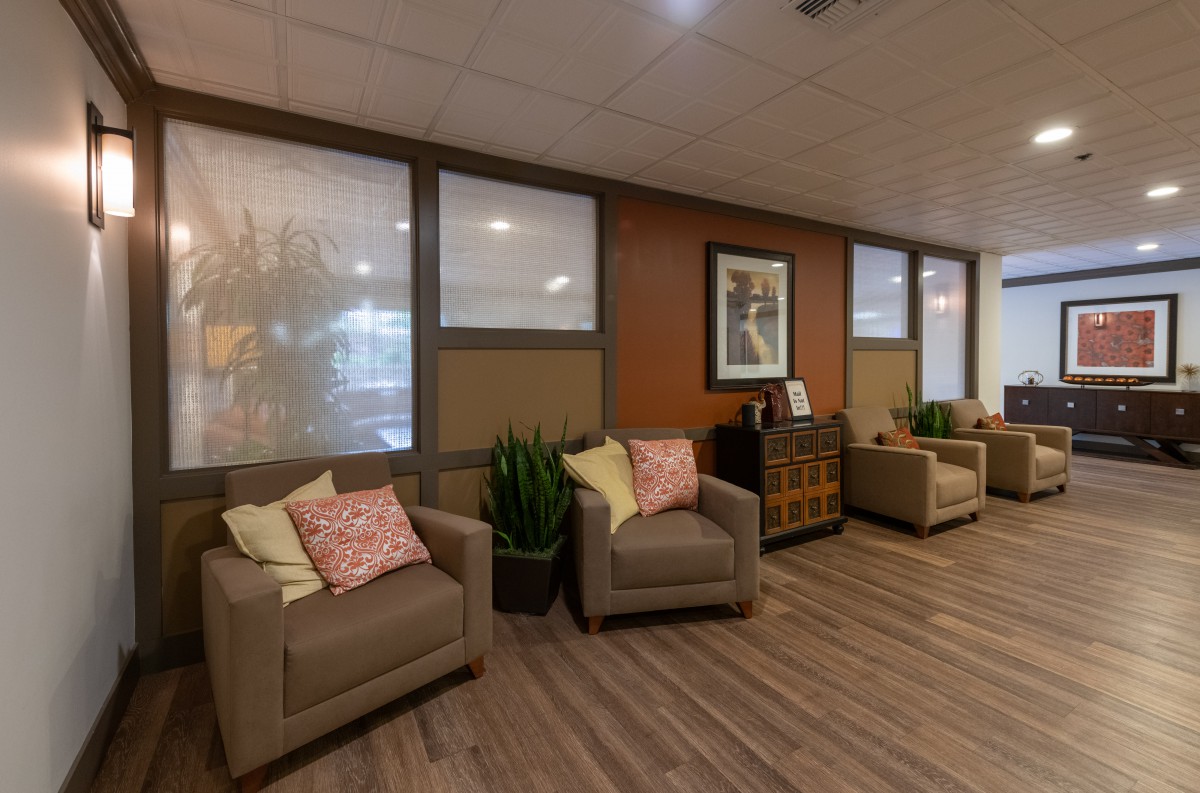 A cozy waiting area featuring comfortable chairs, decorative plants, and artwork on the walls.