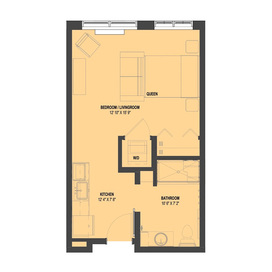 A blueprint of a compact apartment showing the layout of rooms and spaces.