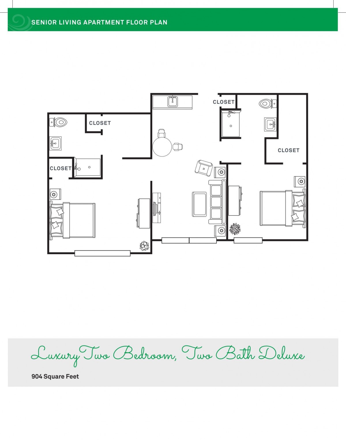 Floor plan of a luxury two-bedroom, two-bath deluxe apartment with 894 square feet.