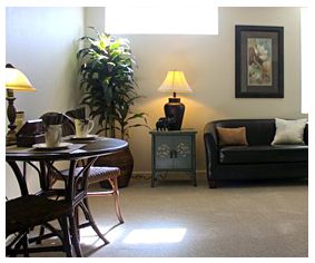 A cozy living room with a sofa, table, chairs, decorative plant, and warm lighting.