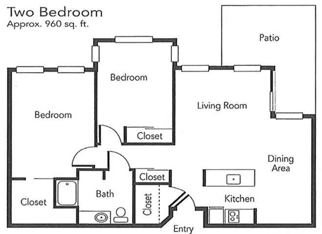 A floor plan of a 960 sq ft apartment with one bedroom, bathroom, kitchen, living room, and closets.