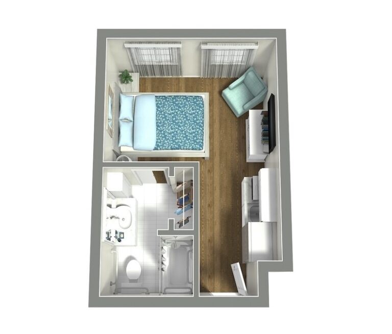 A compact apartment floor plan featuring a bedroom, bathroom, and living area.