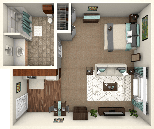A detailed floor plan of an apartment featuring a bedroom, living room, kitchen, and bathroom.