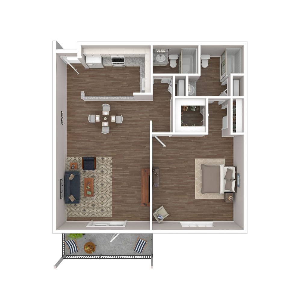 A 3D floor plan of a one-bedroom apartment featuring a living room, kitchen, bathroom, and balcony.