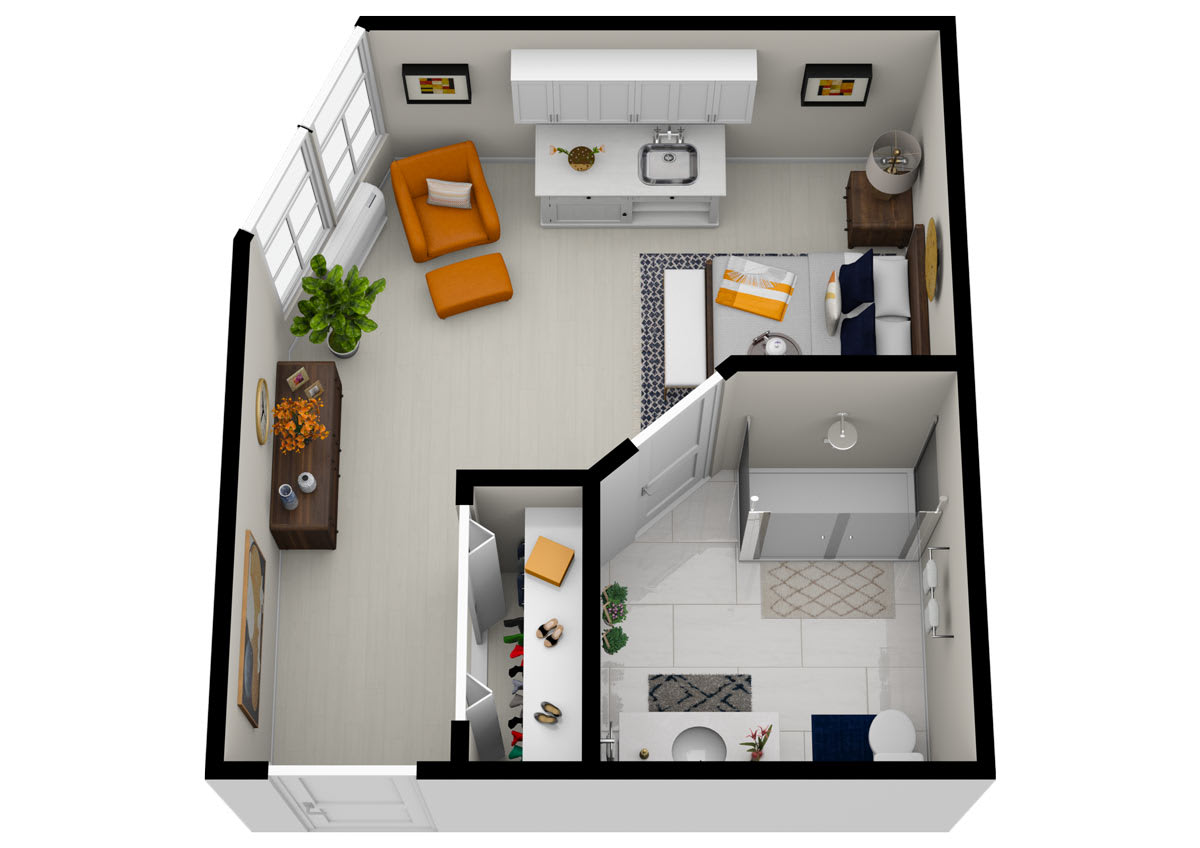 A 3D rendered floor plan of a small apartment featuring an open living and kitchen area, a bathroom, and a separate bedroom.