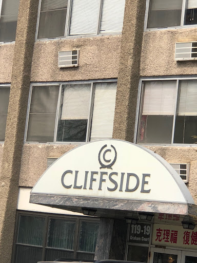 The entrance of the Cliffside building, showcasing its distinctive signage.