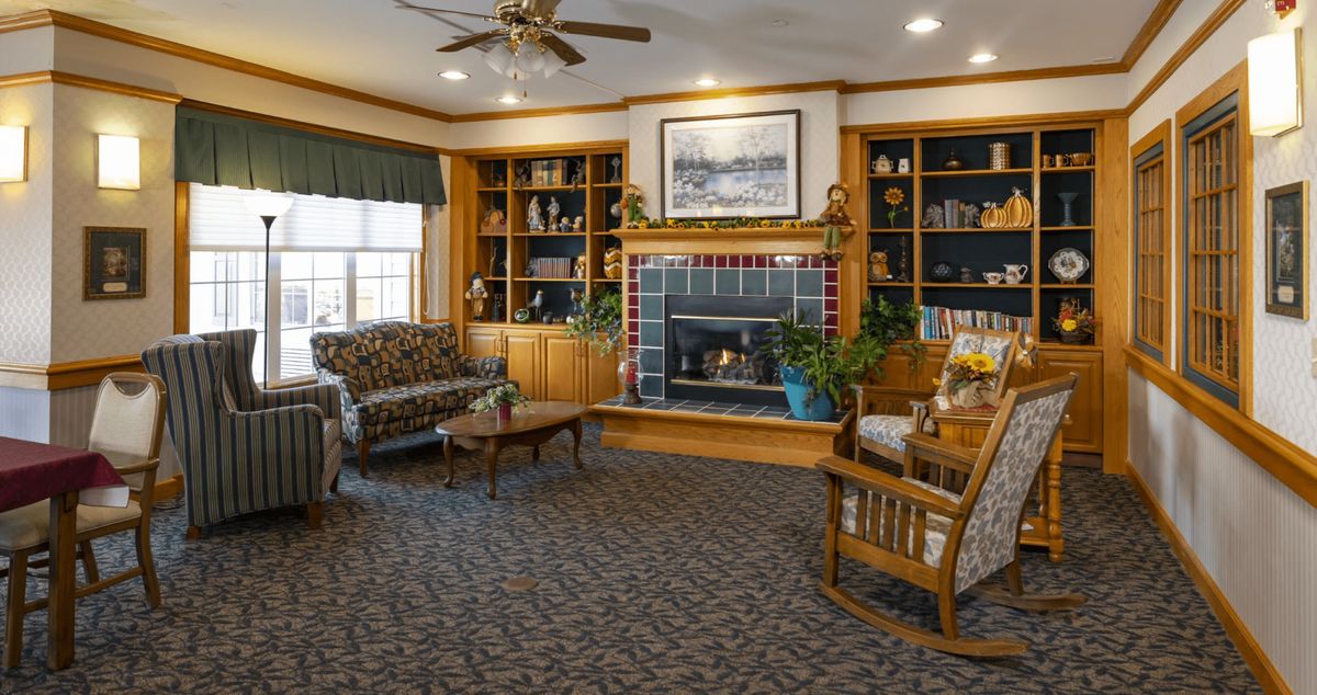 A cozy living room with a fireplace, surrounded by bookshelves and comfortable seating.
