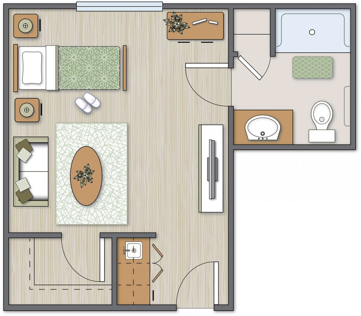 This is a floor plan of a small apartment, featuring a living area, bedroom, and bathroom.