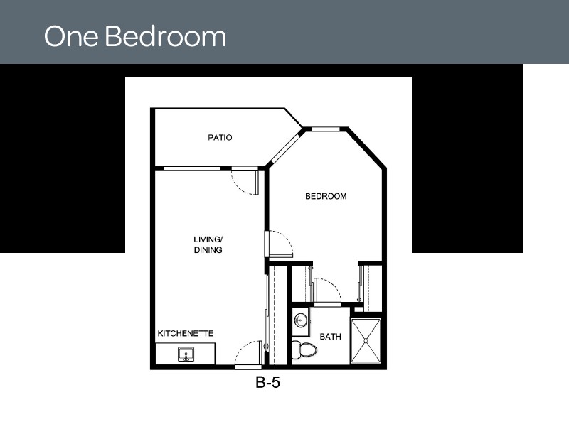 A floor plan of a one-bedroom apartment with a living room, kitchen, bathroom, and patio.