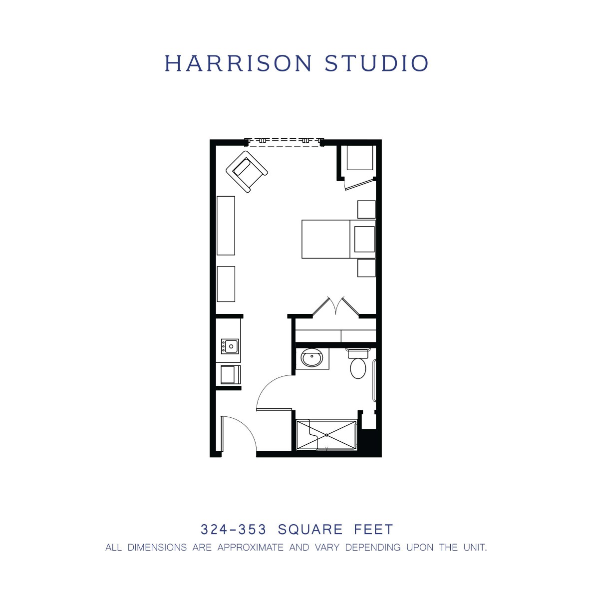 Floor plan of the Harrison Studio showing a compact layout with essential living areas.