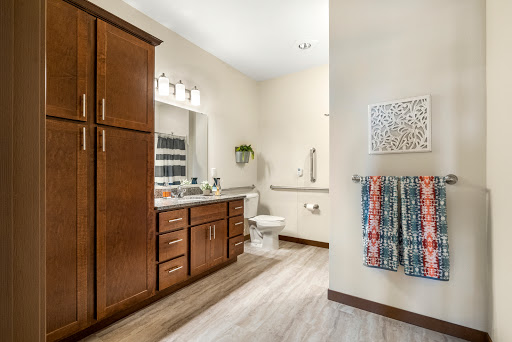 A modern bathroom featuring elegant wood cabinets and stylish decor.