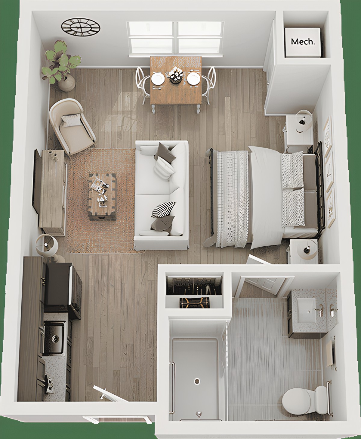 A 3D floor plan of a one-bedroom apartment with a living area, kitchen, and dining space.