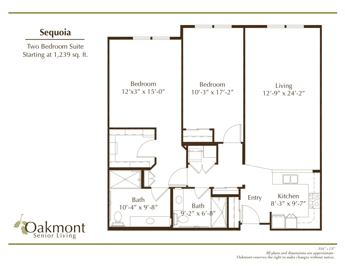 Floor plan of the Sequoia, a two-bedroom, two-bathroom suite with a living room and kitchen.