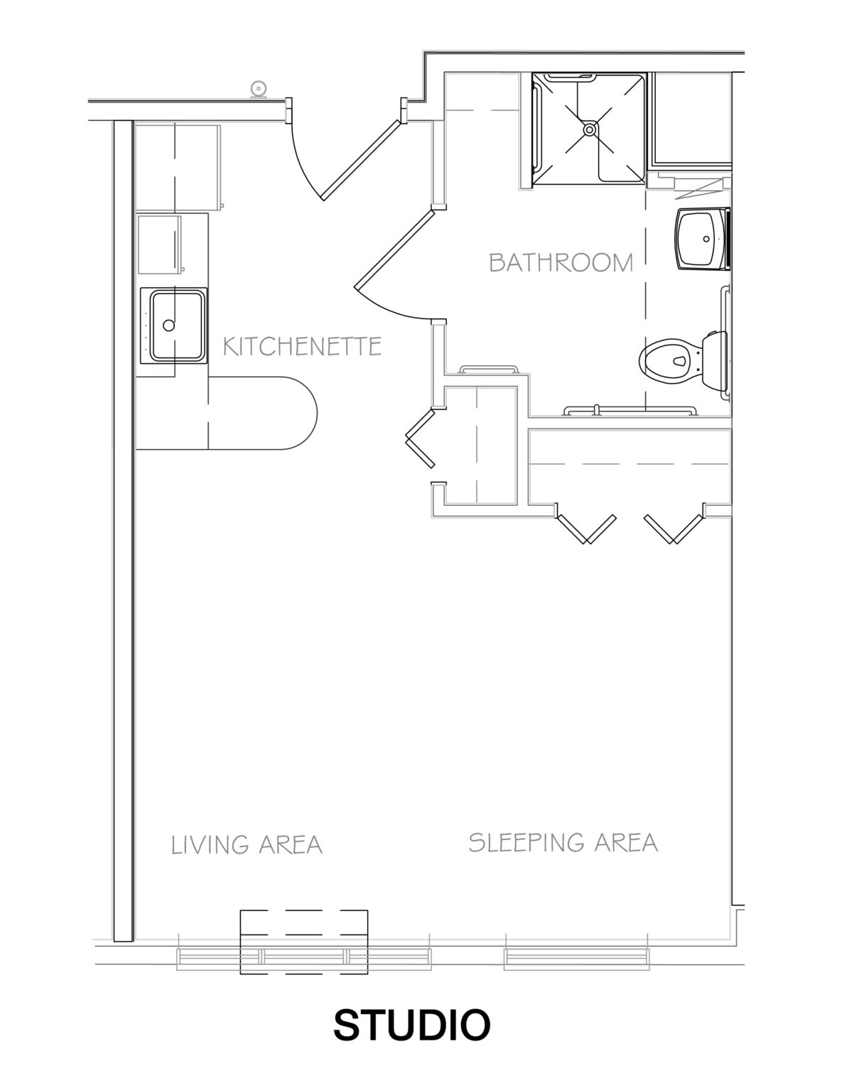 A blueprint of a studio apartment showcasing areas for the kitchenette, bathroom, living space, and sleeping area.