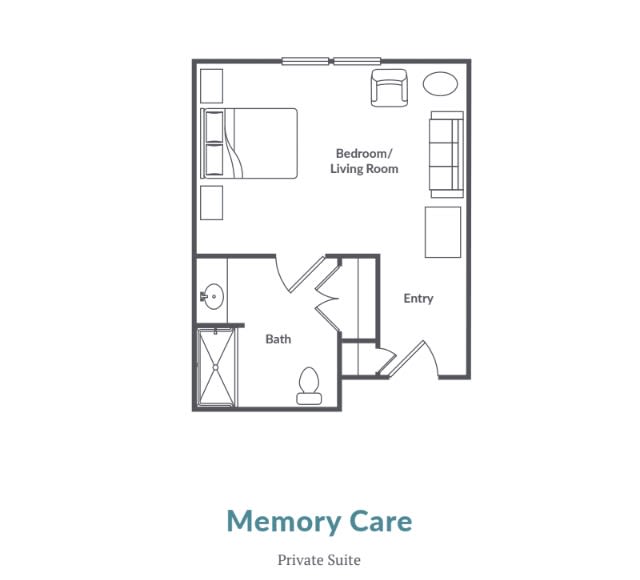 Floor plan of a memory care studio suite layout.