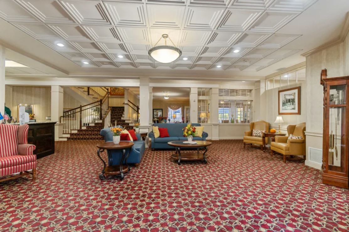 Elegant hotel lobby with comfortable seating and classic decor.